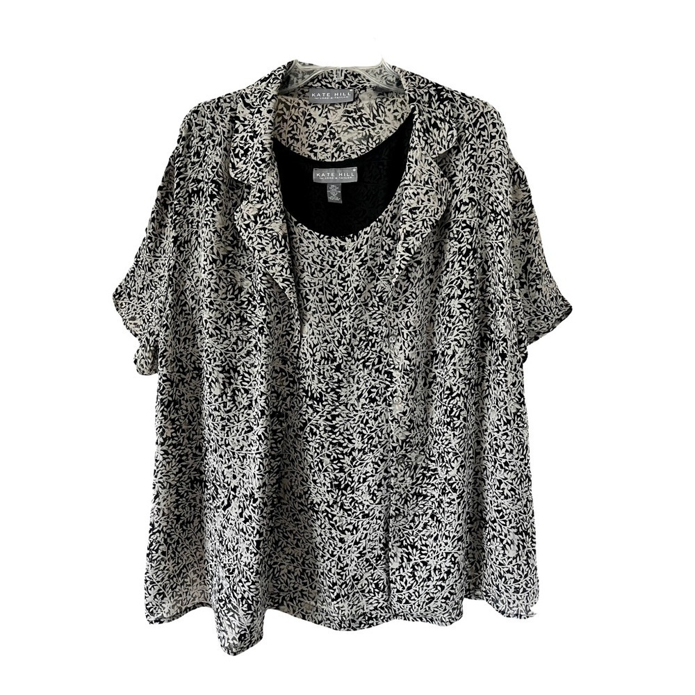 Kate Hill | Black Tan Silk Two Piece Leaf Print Blouse, Size 1X